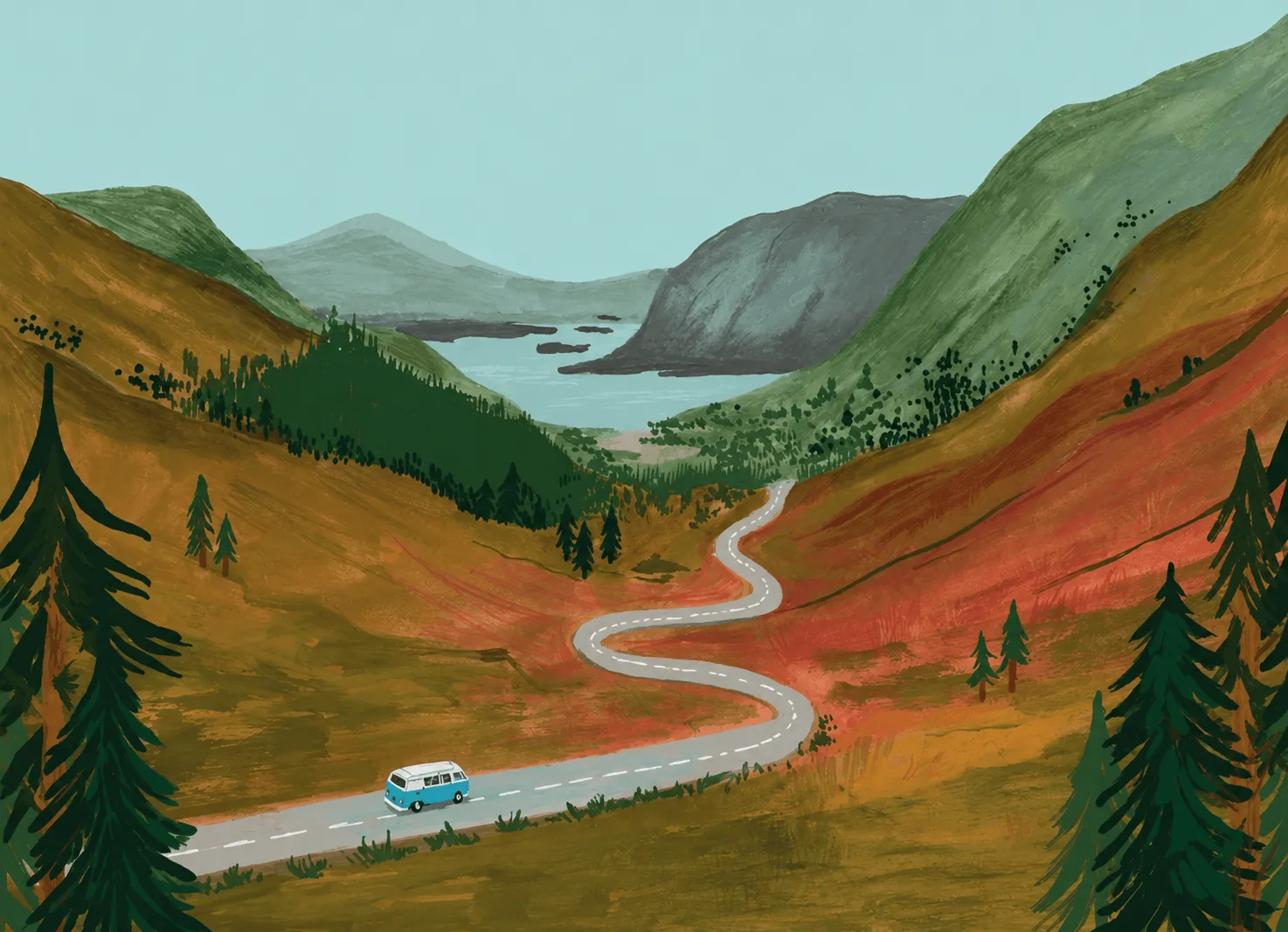 Illustrazione di un furgoncino in viaggio tra colline e alberi